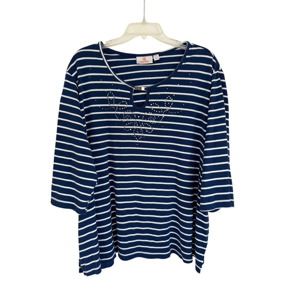 Quacker Factory Navy Blue White Striped Rhinestone Keyhole Top 3X 3/4 Sleeve